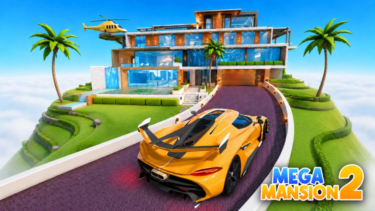Mega Mansion Tycoon 2 Roblox screenshot of a luxury mansion estate with landscaping and driveway