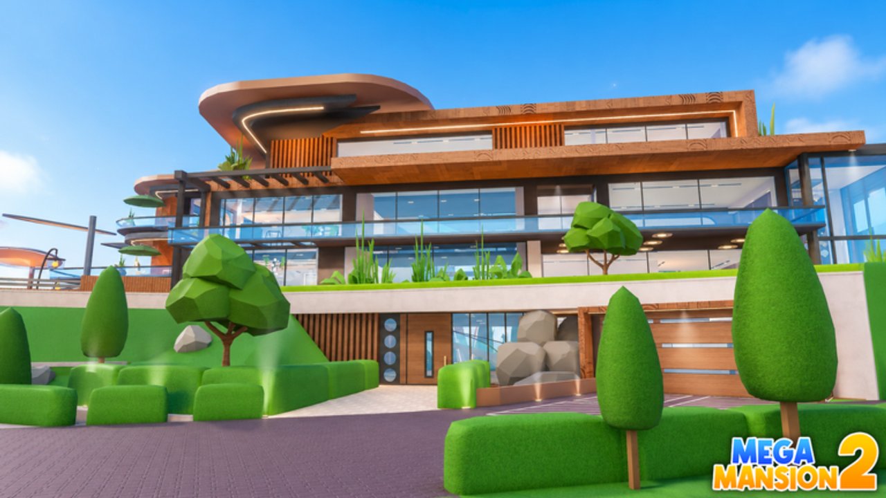 Mega Mansion Tycoon 2 Roblox screenshot showing a wide mansion plot and neighboring player houses